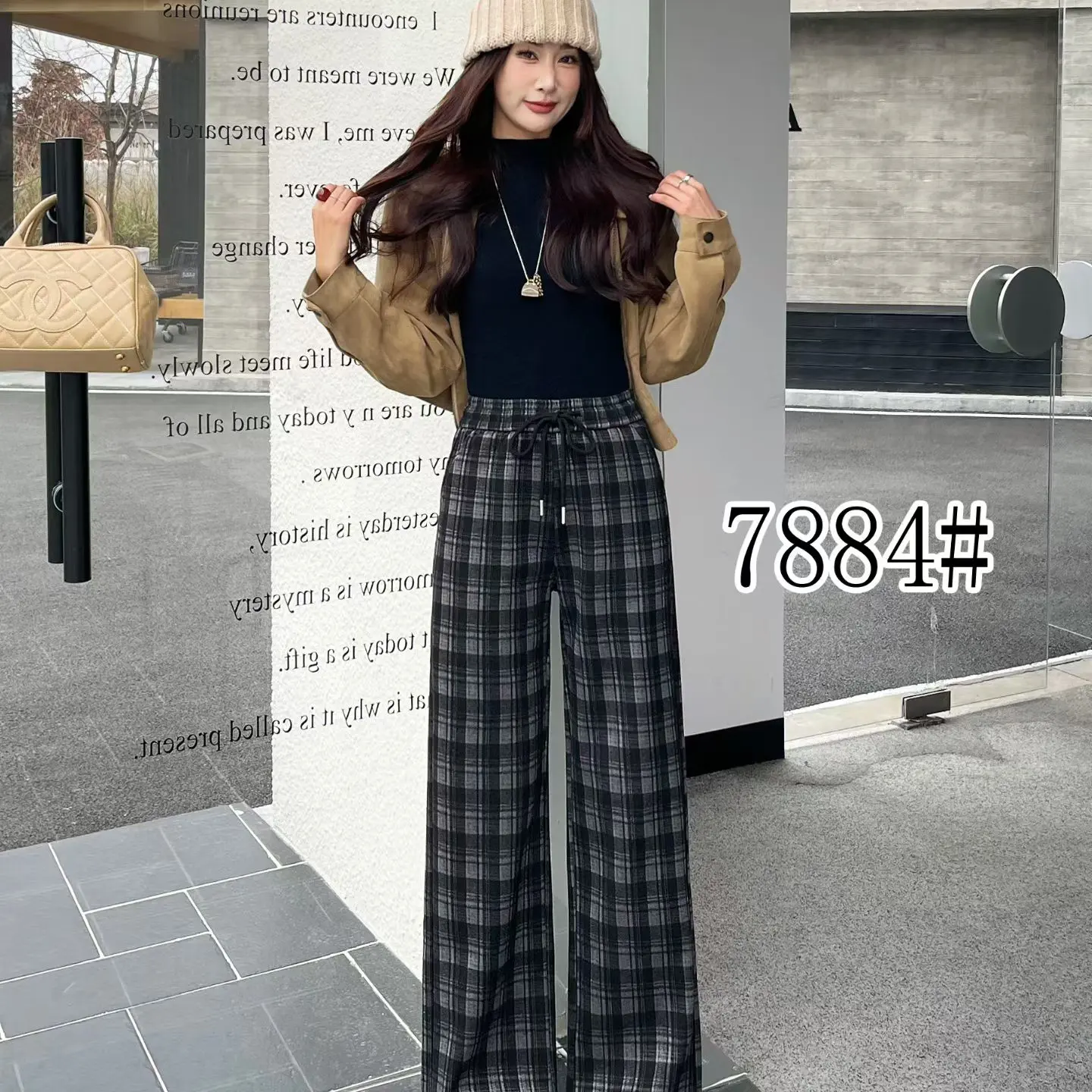 7884(5884加绒)冬季加绒加厚毛呢格子显瘦阔腿裤