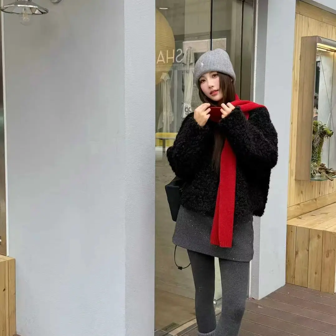小香风韩系慵懒秋冬环保羊羔毛V领短款毛毛外套女