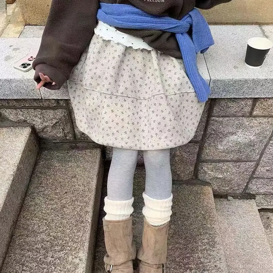 冬季新款韩版碎花毛呢高腰显瘦百搭半身裙女