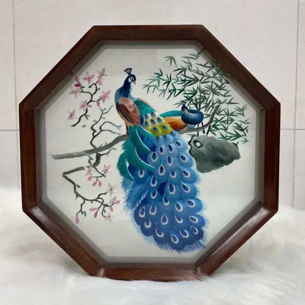 手工精品苏绣胡桃木双面绣摆件