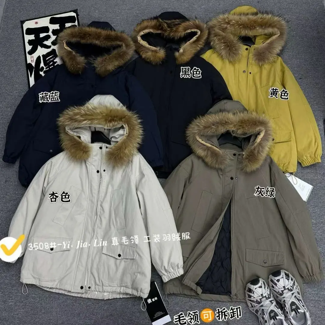 藏蓝色韩系工装派克连帽大毛领加厚女款外套冬季