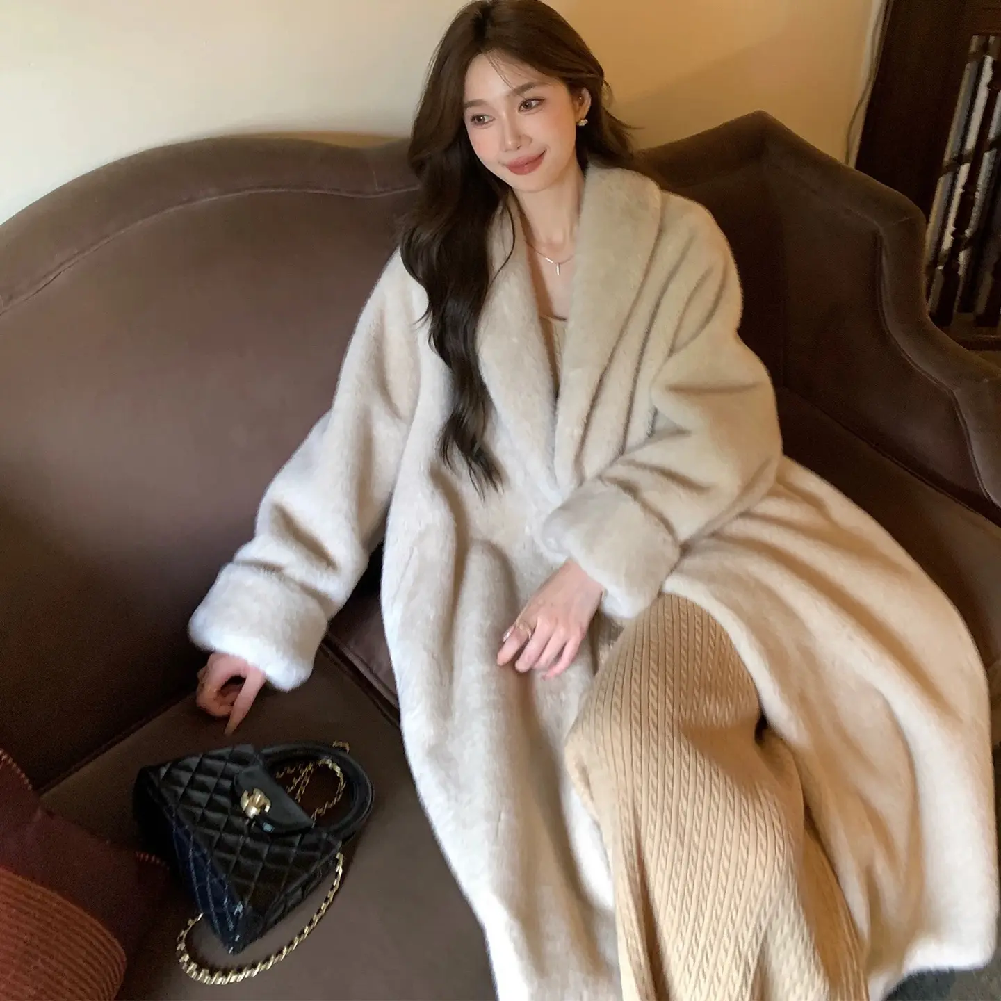 人造皮草 新款轻奢长款女冬加厚保暖人造皮草毛毛外套