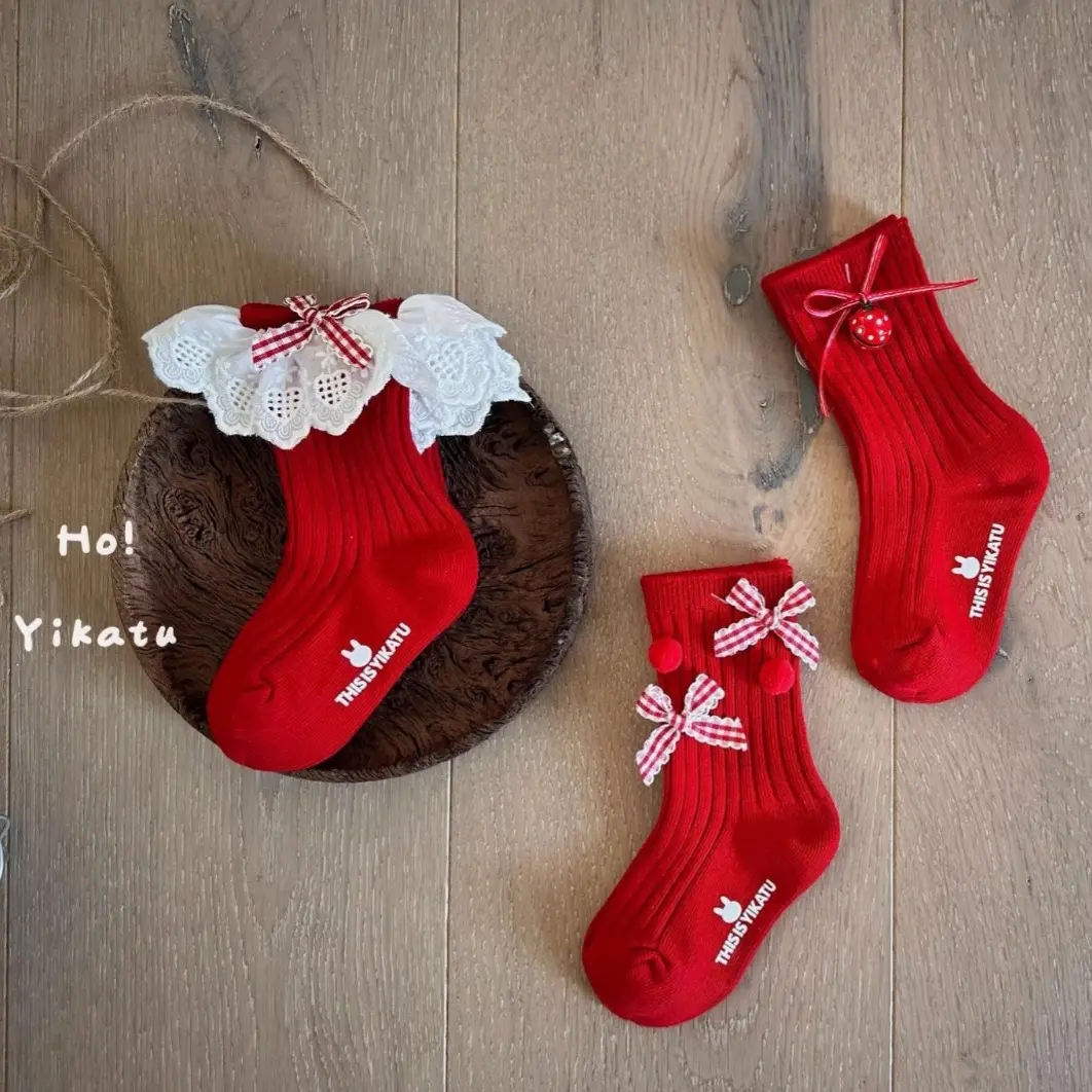 儿童红色袜子伊卡兔童袜秋冬蝴蝶结公主中筒8187铃铛草莓女新年袜