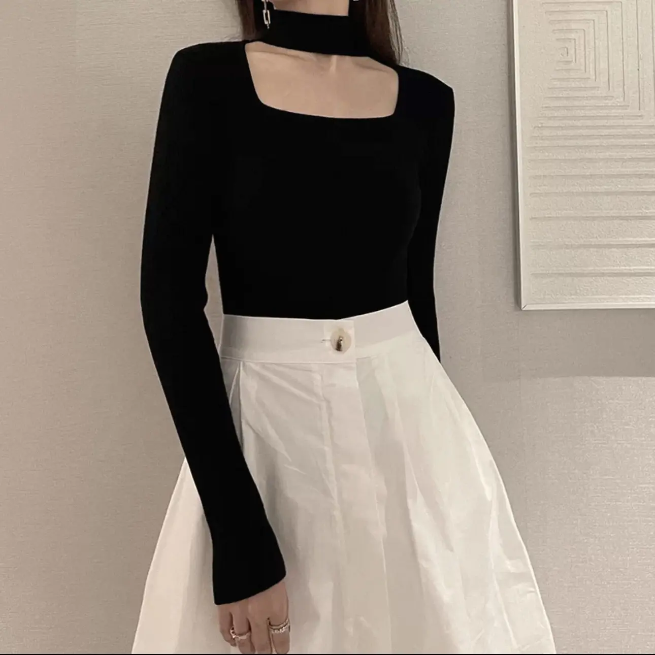 秋冬纯欲风磨毛加绒挂脖修身显瘦短款内搭打底上衣