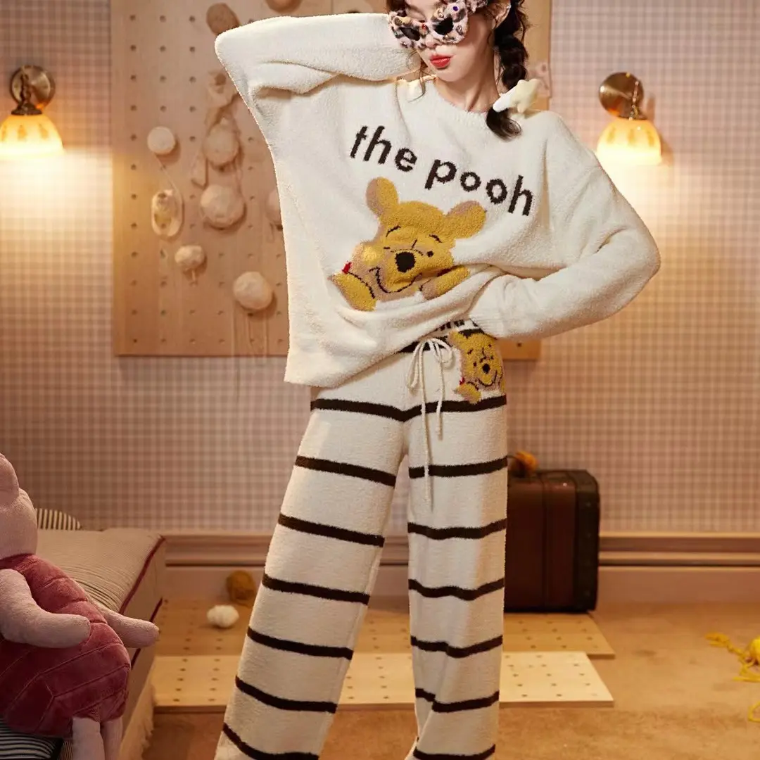 女士半边绒睡衣秋冬季加厚保暖卡通小熊长袖长裤家居服套装