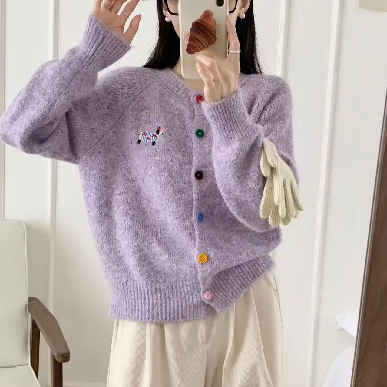 彩色纽扣小狗刺绣软糯针织开衫女秋冬慵懒风宽松百搭毛衣外套