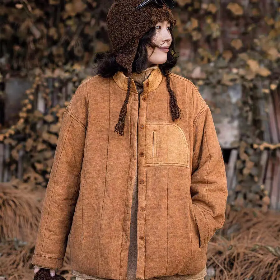 疯子张25冬款复古竖线做旧棉麻南瓜桔加厚棉衣#08585