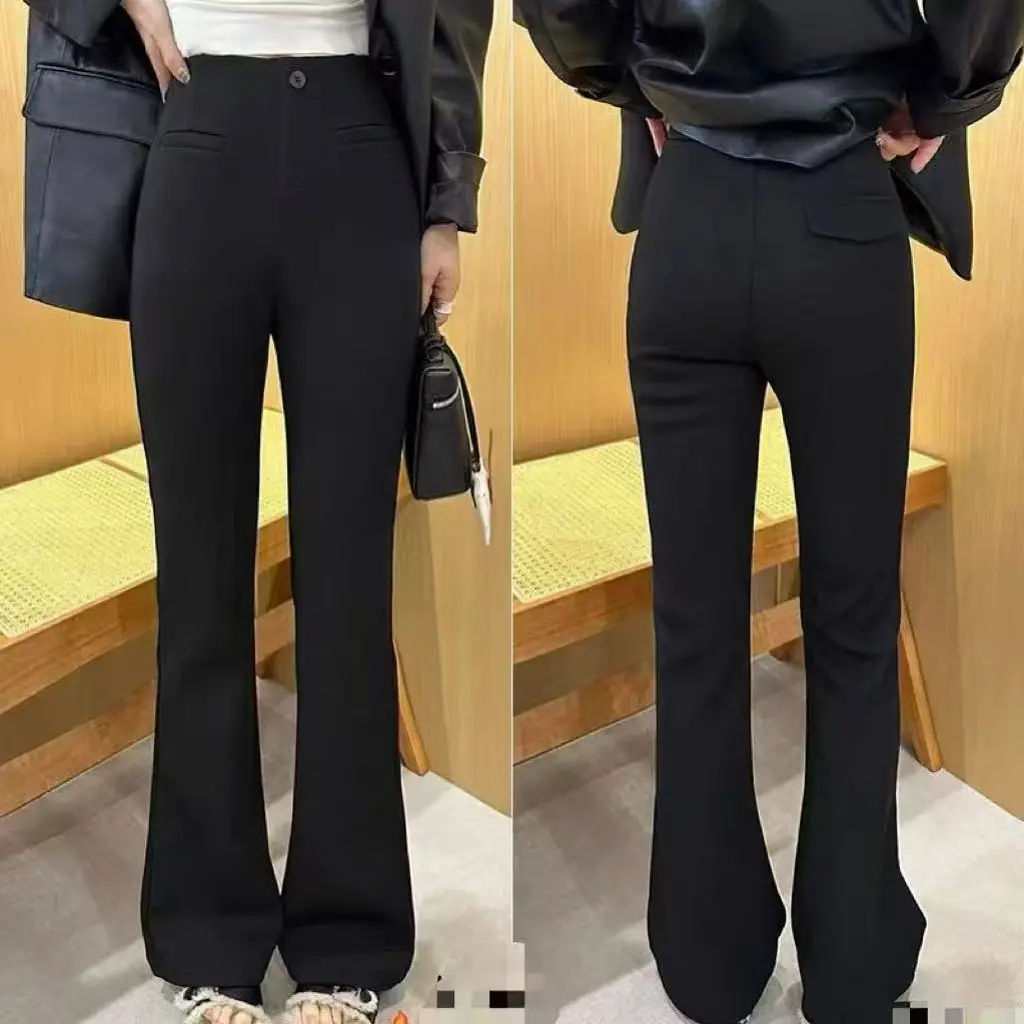 秋冬加绒加厚高腰显瘦微喇裤女百搭垂感黑色马蹄喇叭裤休闲裤