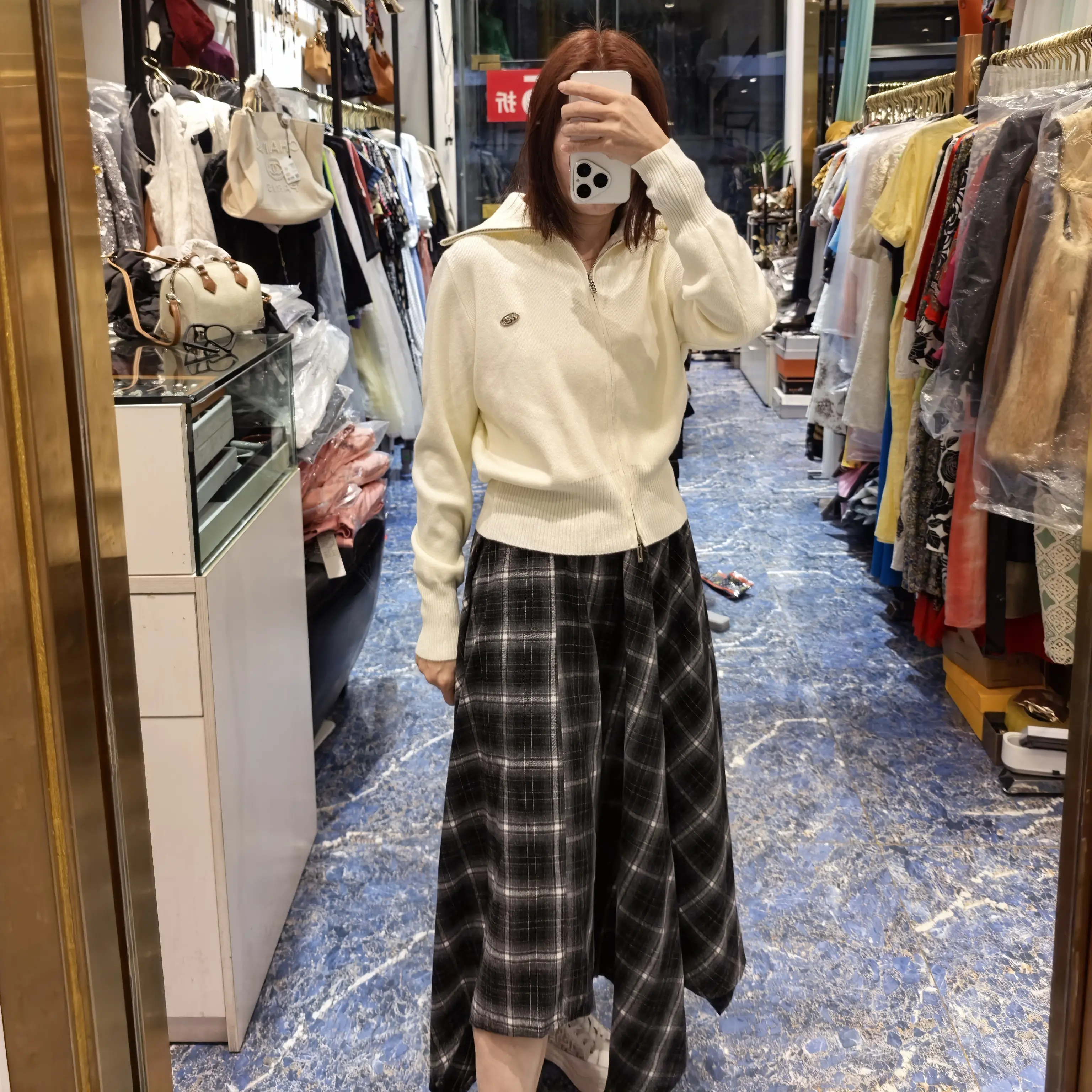 早秋复古不规则格纹半身裙女撞色a字伞裙含腰带
