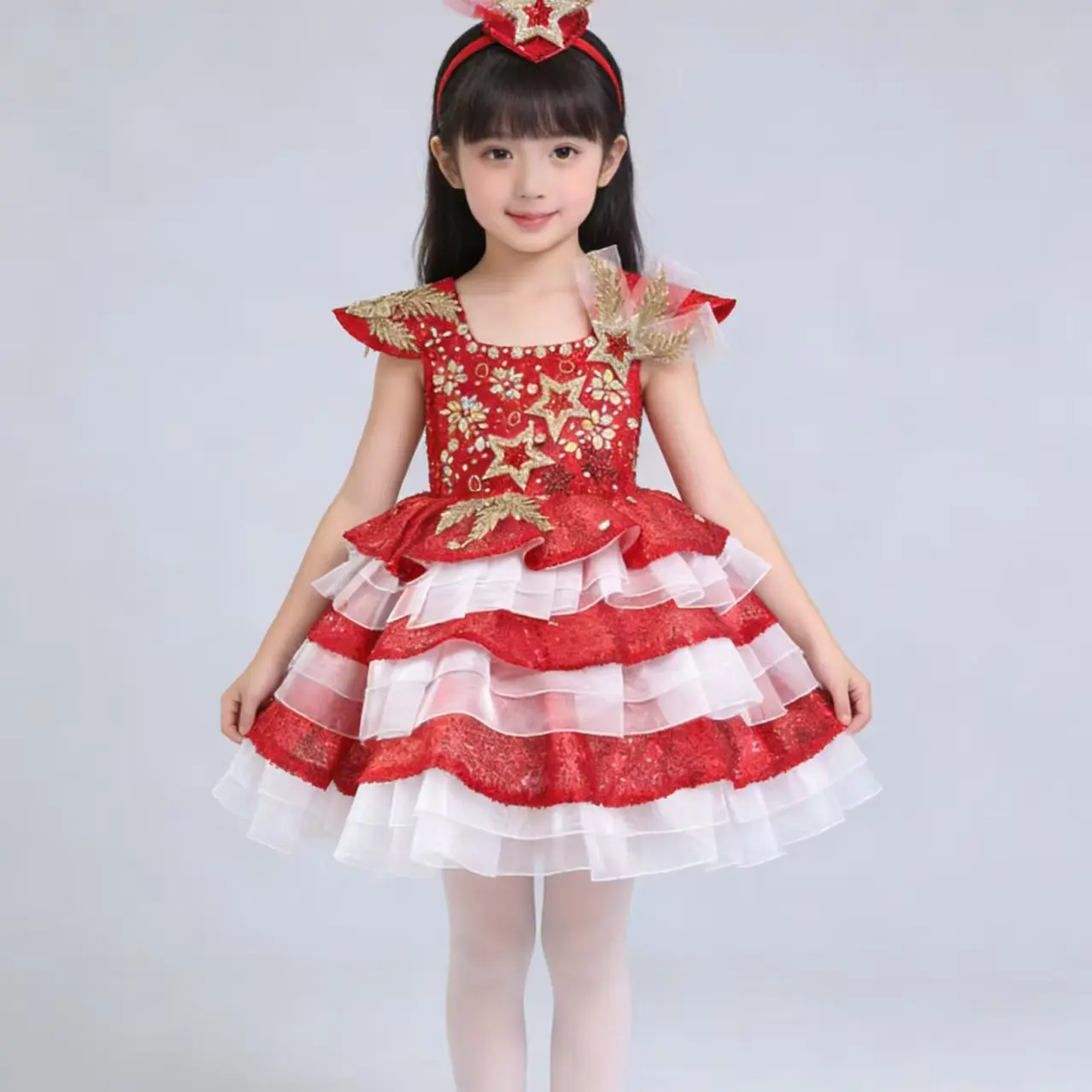 女童红色洛丽塔舞台公主裙断码送头饰儿童幼儿夏季女孩走秀