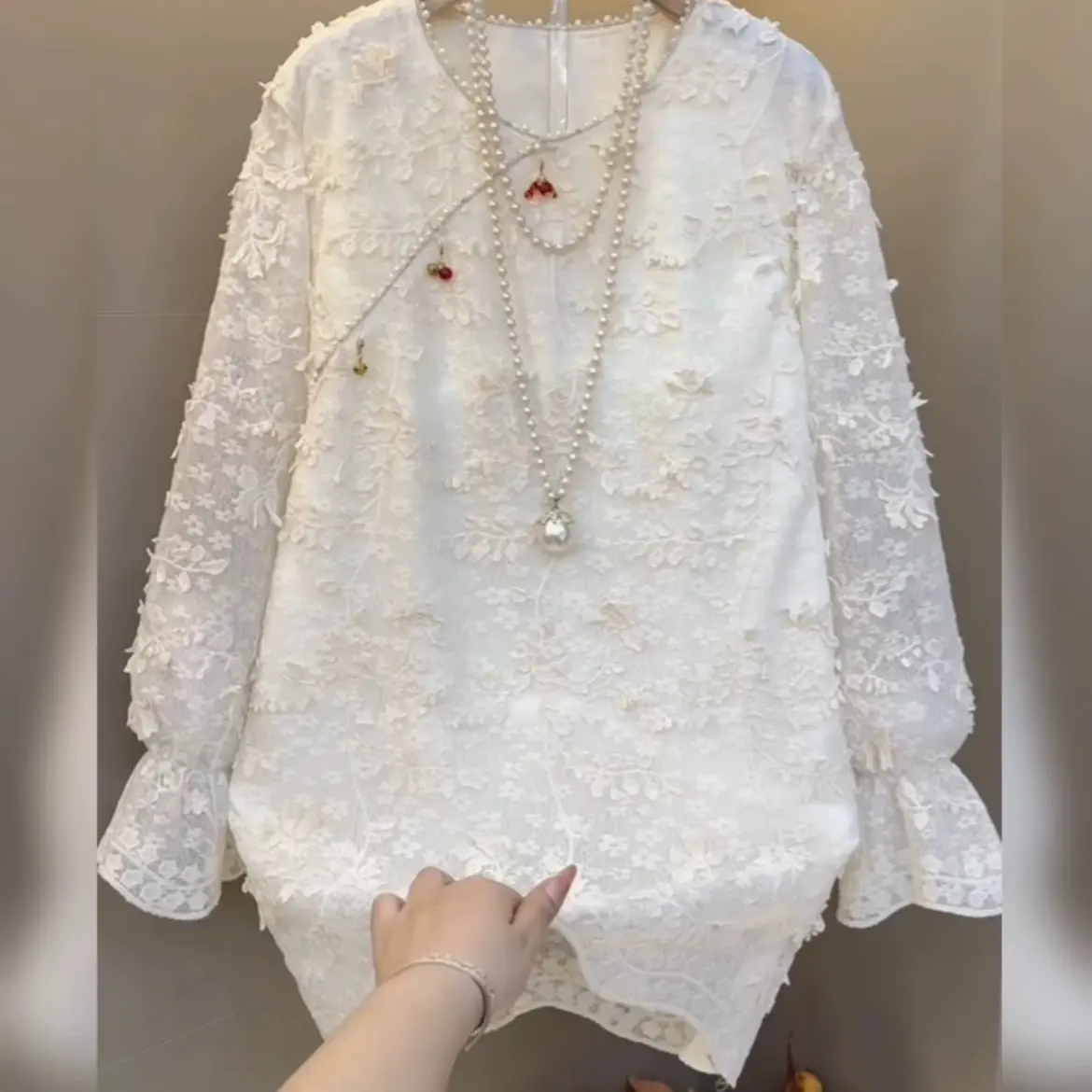 新中式挂件蕾丝宽松中长大衫