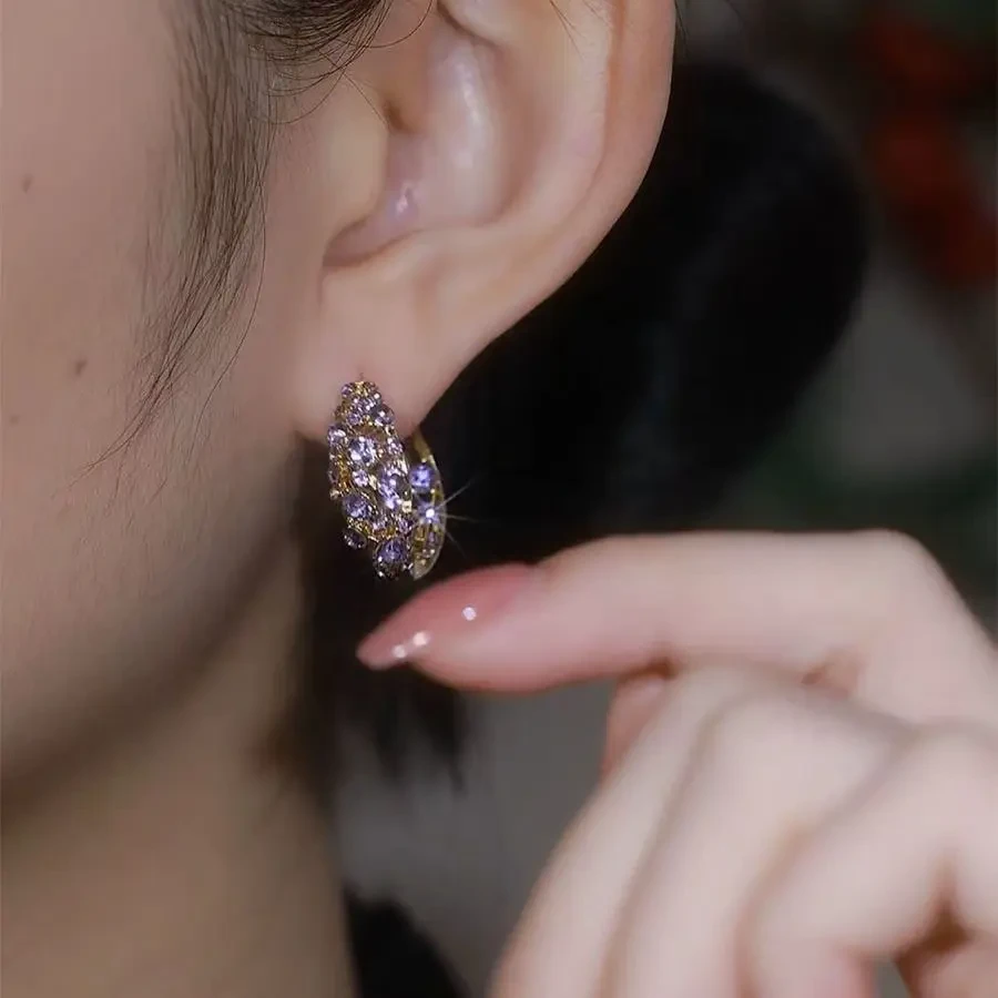 铜合金锆石耳饰 百搭闪钻耳饰满钻小香风紫色耳环气质精致轻奢商品图