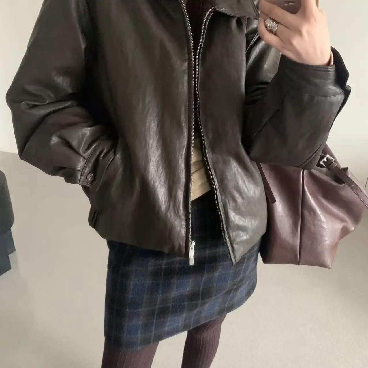 /瑶瑶/【E8012】韩系pu皮90白鸭绒羽绒服