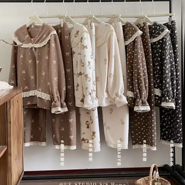 冬季加绒雪粒绒保暖娃娃领印花女士可外穿家居服套装