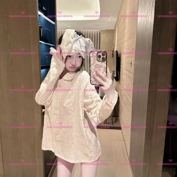 「棉棉小猫咪」全棉双层纱春秋可外穿带蝴蝶结少女长袖长裤睡衣套装