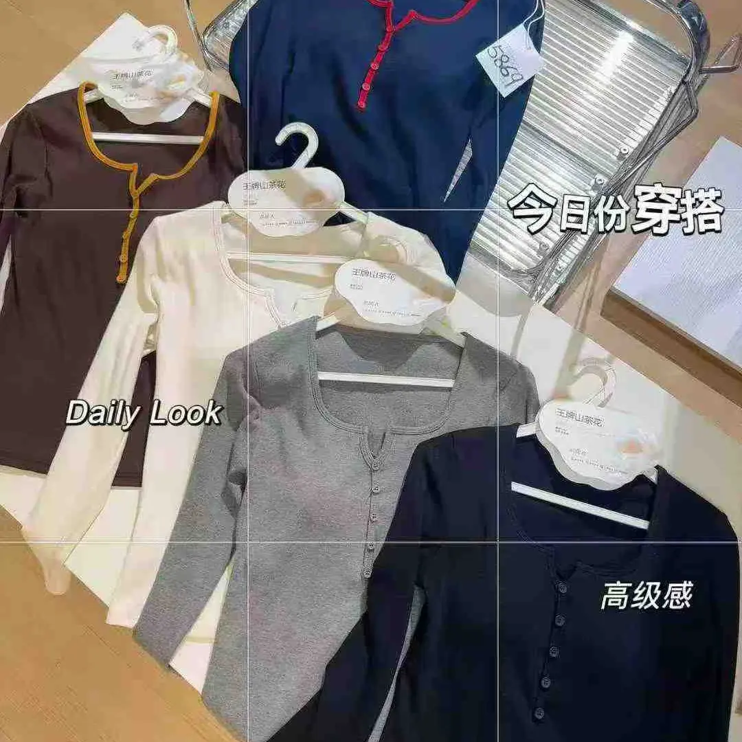 5869加绒带胸垫纽扣V领打底美式辣妹长袖内搭T恤紧身时尚长袖高领