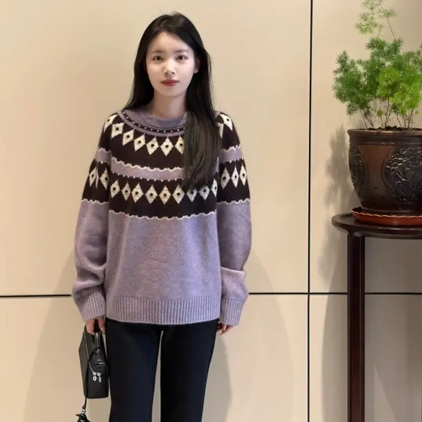 【启恒】2795费尔岛领套头毛衣女秋冬软糯宽松加厚针织打底衫上衣