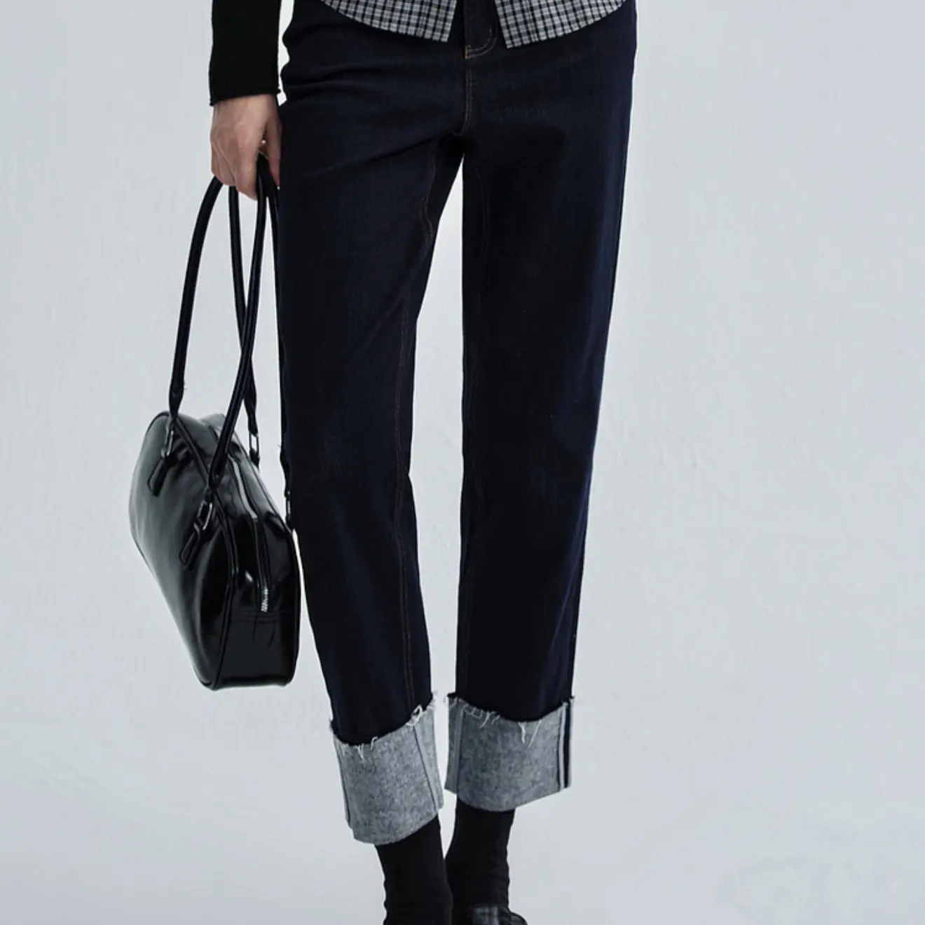 N.P秋冬新款水洗高腰翻边九分直筒牛仔裤女显瘦时尚休闲蓝色