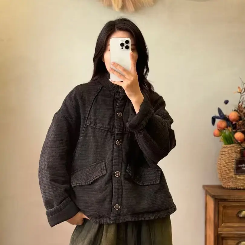 单排扣提花亚麻砂洗炒色宽松遮肉休闲棉服短款外套女