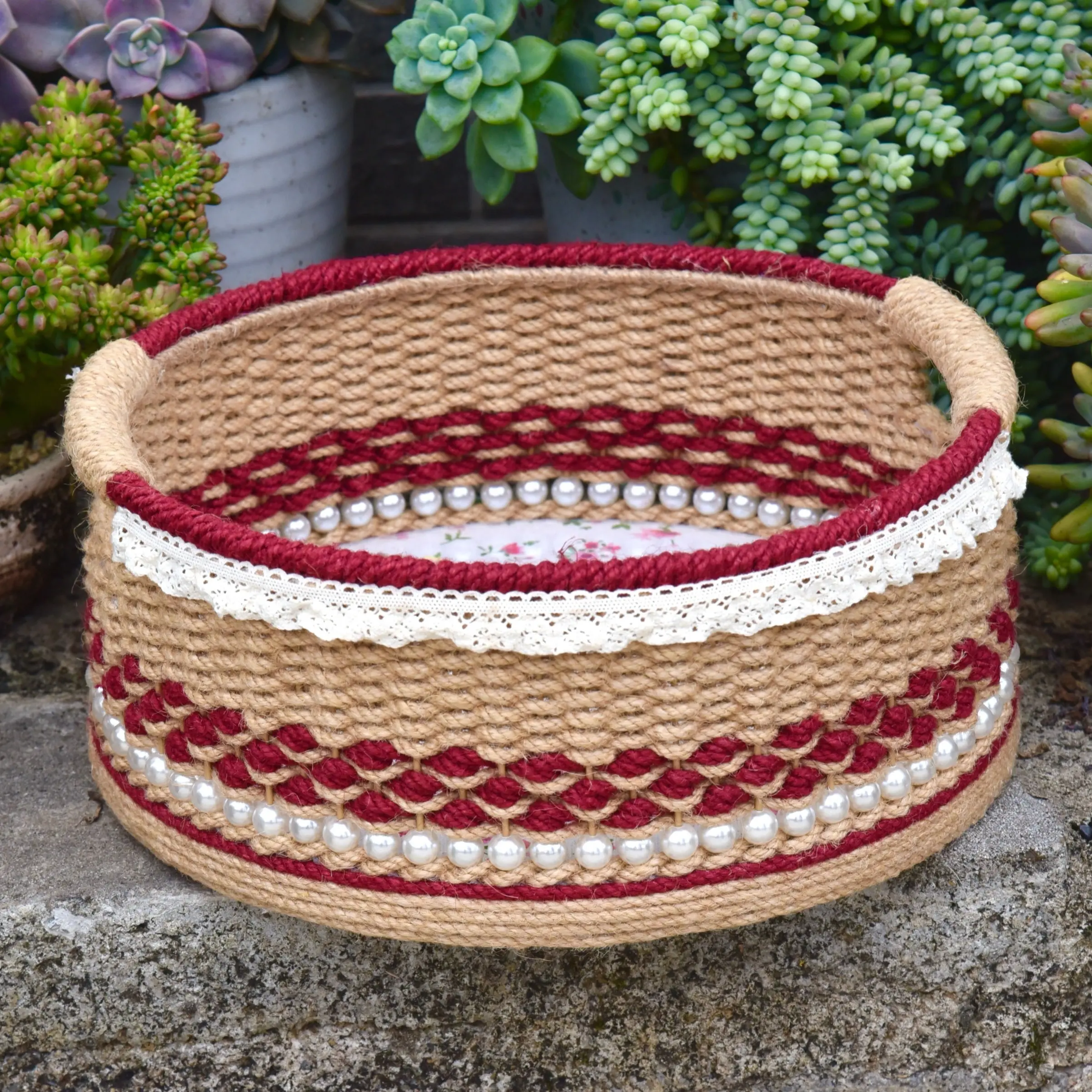 手工编织麻绳圆形内嵌把手小清新田园风格收纳筐