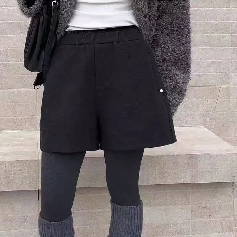 9682裤长38高腰毛呢宽松阔腿显瘦短裤女士秋冬外穿保暖