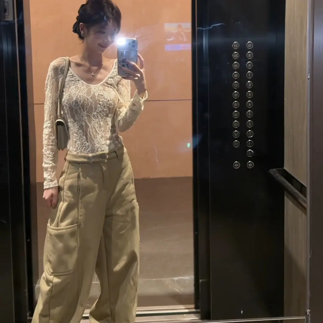 【47bb】卡其色弯刀工装牛仔➕ 性感蕾丝羊毛绒内搭 47sk010