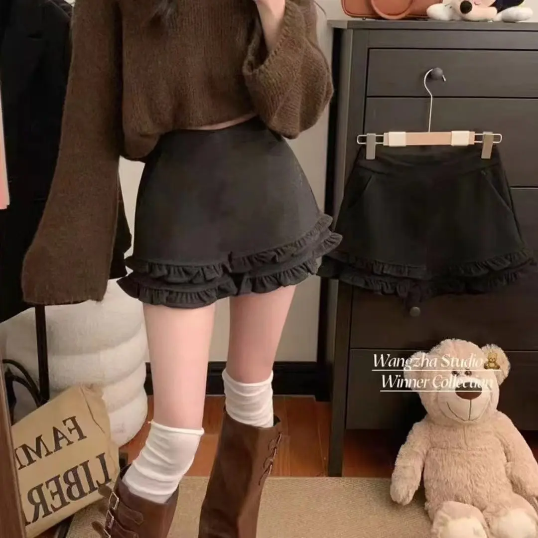 韩系甜美毛呢高腰显瘦木耳花边短裤秋冬百搭女款
