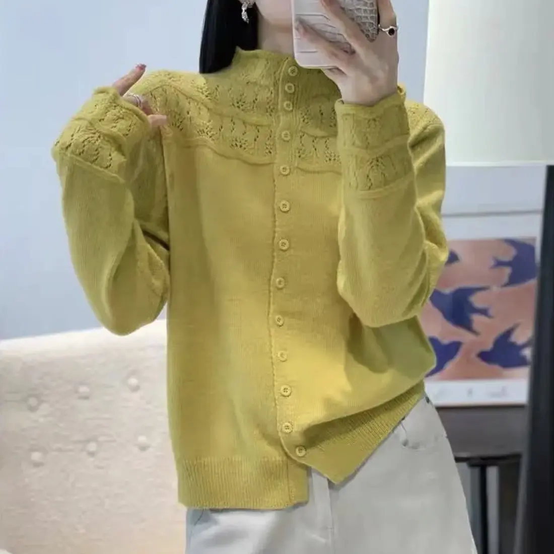 [蜜熊绒]半高领镂空针织开衫秋冬新款时尚百搭女打底毛衣显瘦气质