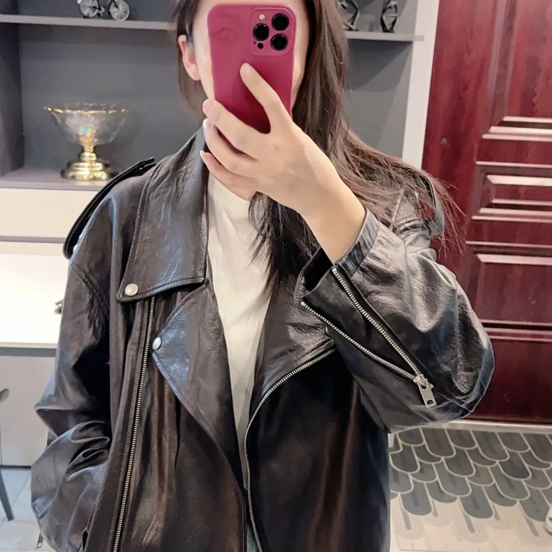 欧美风双层领皮夹克ins显瘦皮衣秋季2025极简风外套