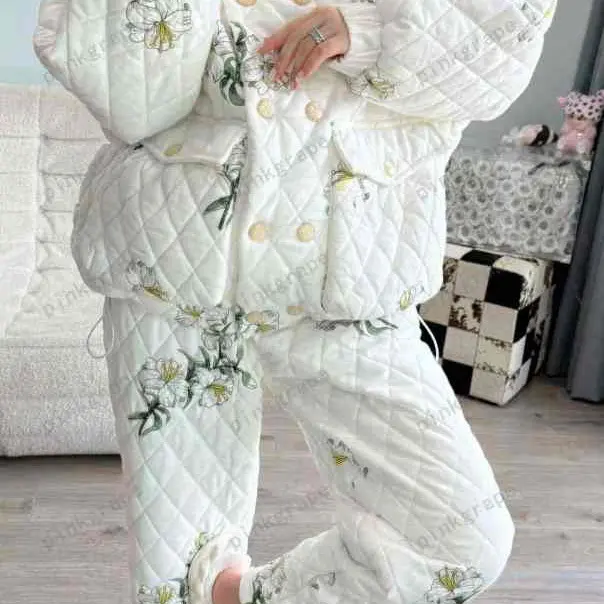 简约刺绣三层夹棉加厚冬季保暖可外穿女士睡衣家居服套