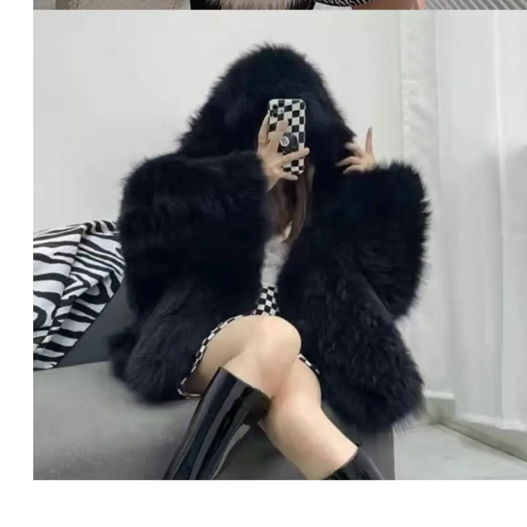 狐狸毛双面编织连帽加厚宽松百搭皮草外套