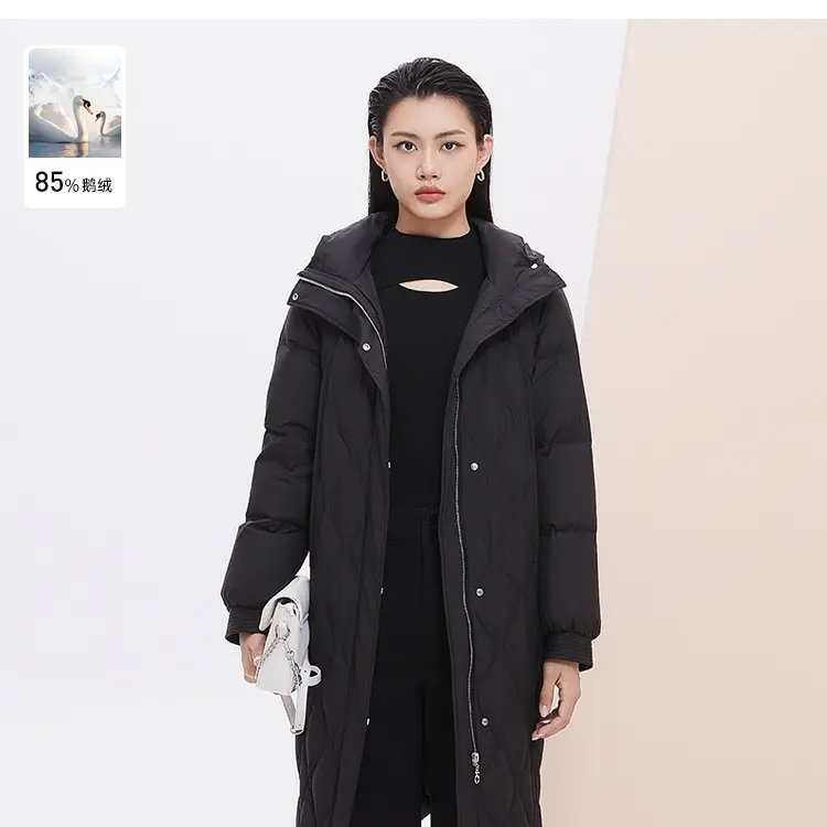 JESSIE黑色鹅绒连帽中长款羽绒外套冬季新装保暖加厚JMFGY315