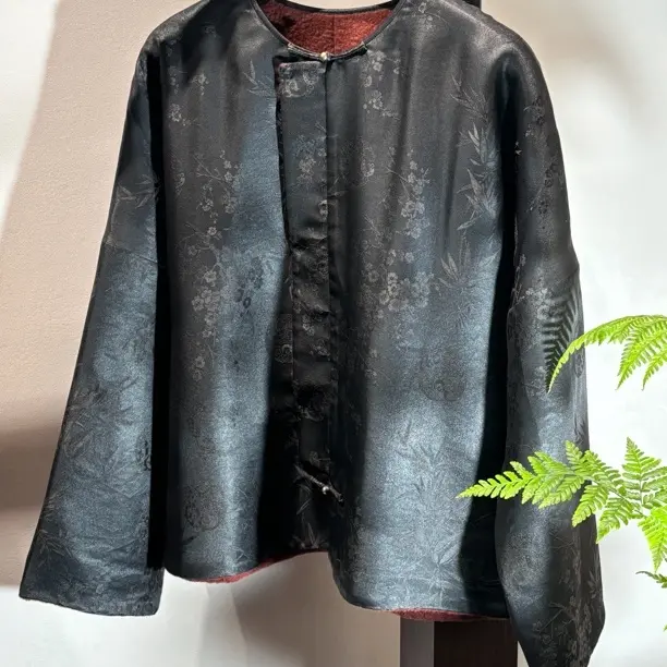 晓扶家新款香云纱提花牡丹羊羔绒内衬穿新中式女装上衣