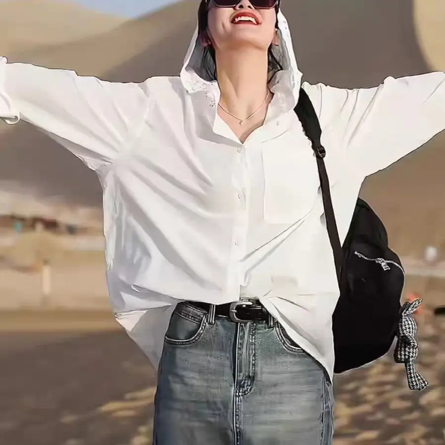 连帽白色韩版防晒衬衫上衣女宽松长袖钩花镂空法式气质薄款夏季上