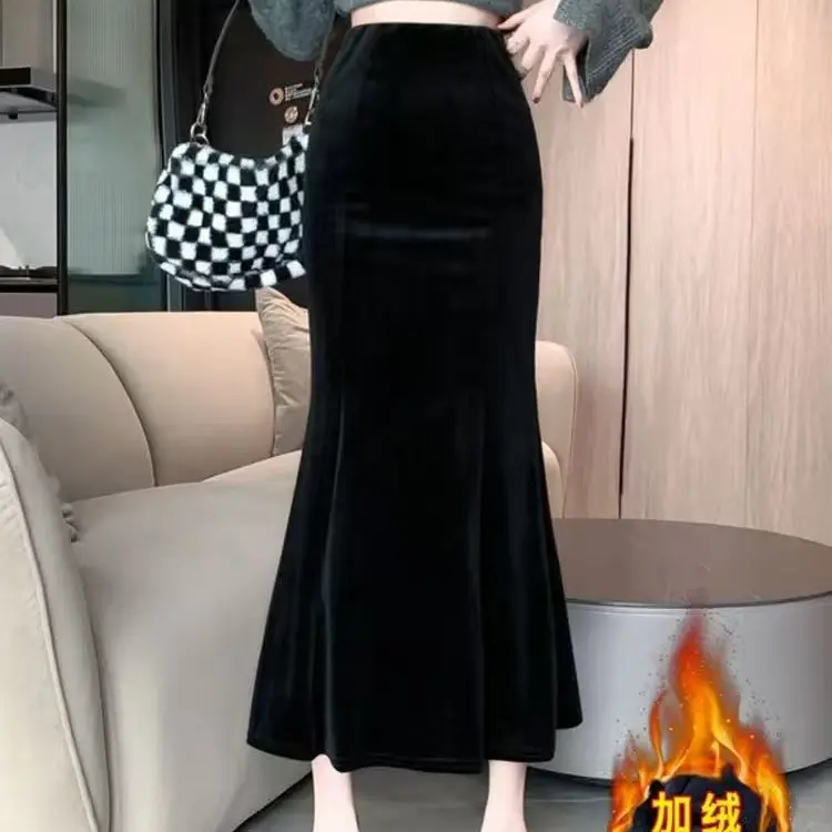 秋冬新款加绒金丝绒高腰显瘦A字鱼尾半身裙