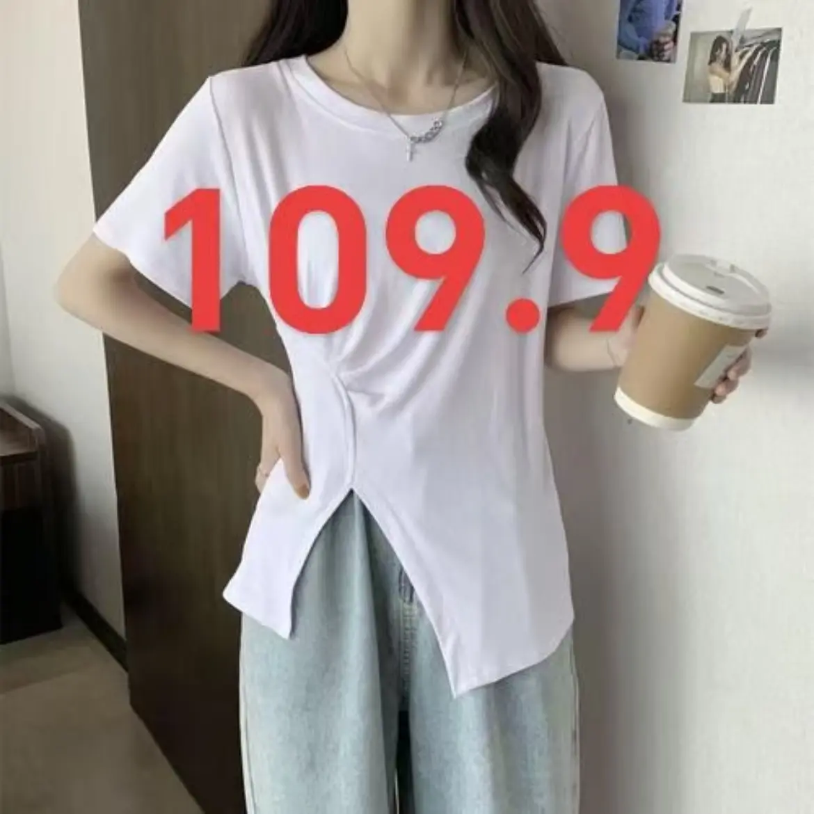 夏季女宽松正肩短袖T恤韩版显瘦百搭不规则开叉小众休闲上衣