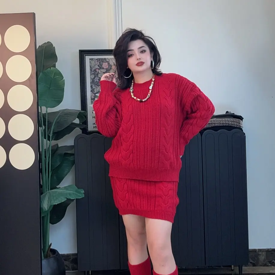 秋冬新款韩系慵懒风绞花针织毛衣短裙套装