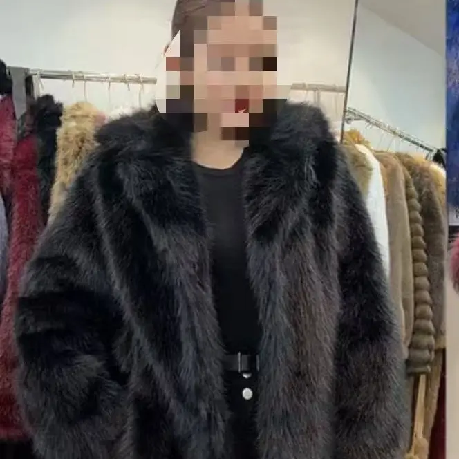 人造皮草 爆款黑色仿狐狸毛短款翻领仿皮草外套