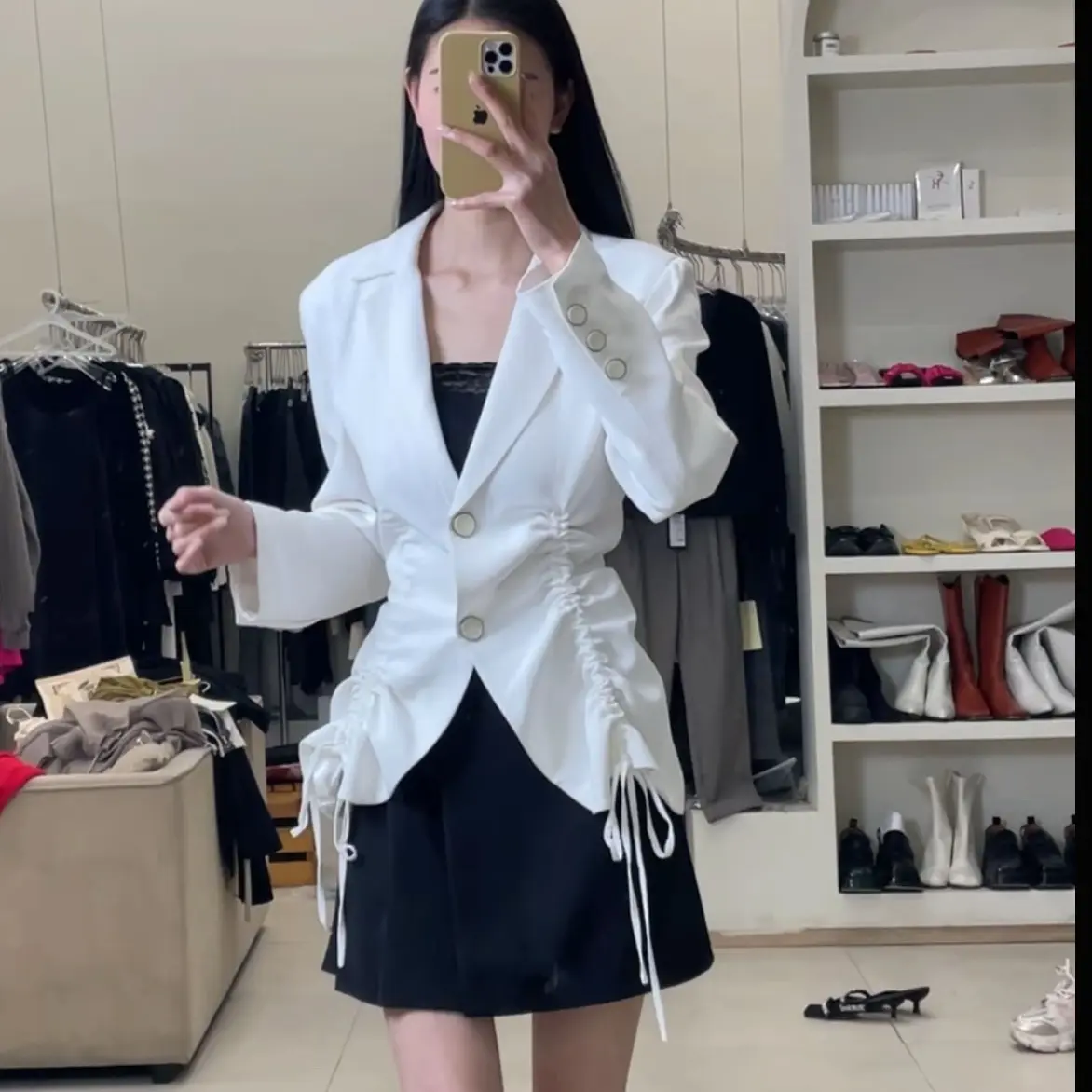 直播秋季新款胖MM大码小众设计翻领抽绳百搭西服外套上衣女