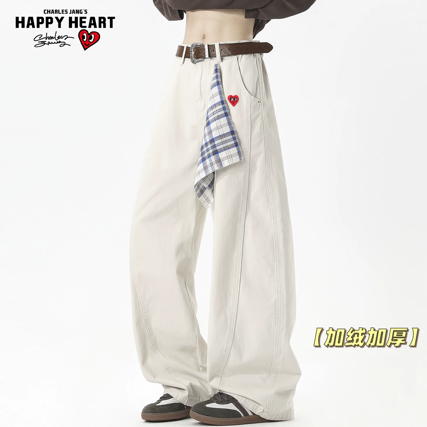 查尔斯桃心美式解构方巾弯刀工装裤男冬季加绒加厚宽松阔腿休闲裤