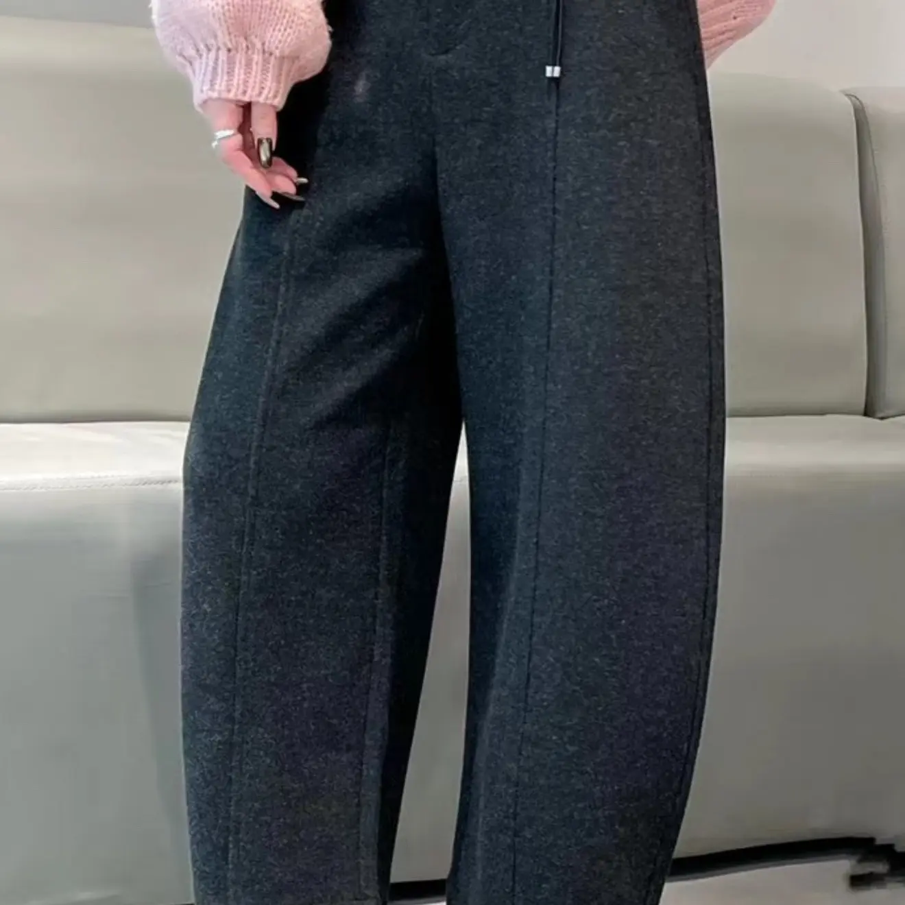 秋冬新款高腰显瘦加绒加厚毛呢阔腿休闲裤女