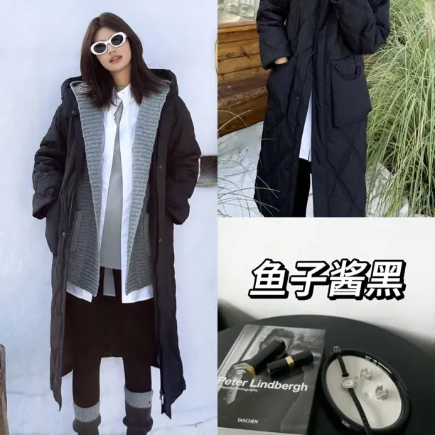 阿玛施宽松百搭简约保暖连帽长款棉衣