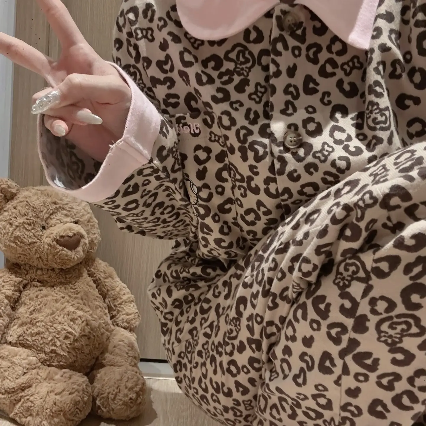 米to黑豹KT纯棉磨毛睡衣女秋冬卡通可爱加厚保暖可外穿家居服套装