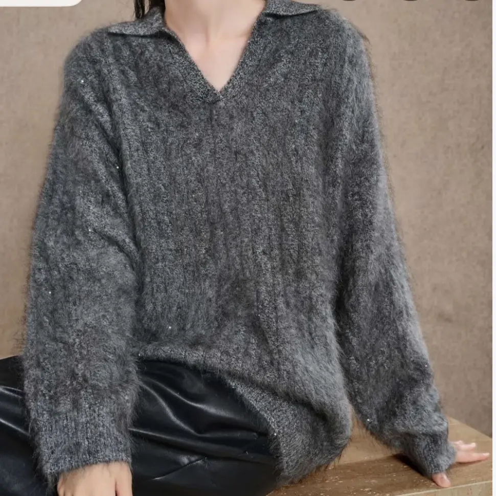 高端纯山羊绒珠片麻花polo 领拉绒衫女款设计气质感拉绒上衣