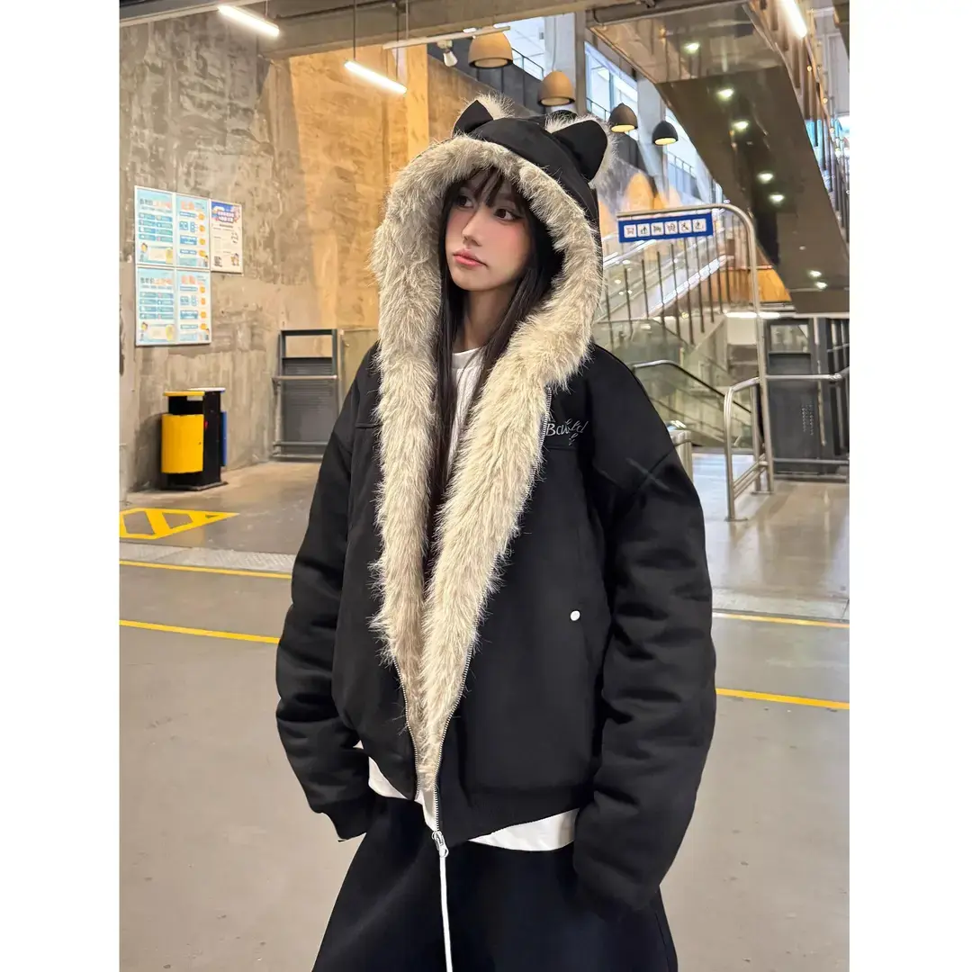 美式座山雕毛领兔耳冬季加厚保暖棉服2025新款男女情侣麂皮绒外套