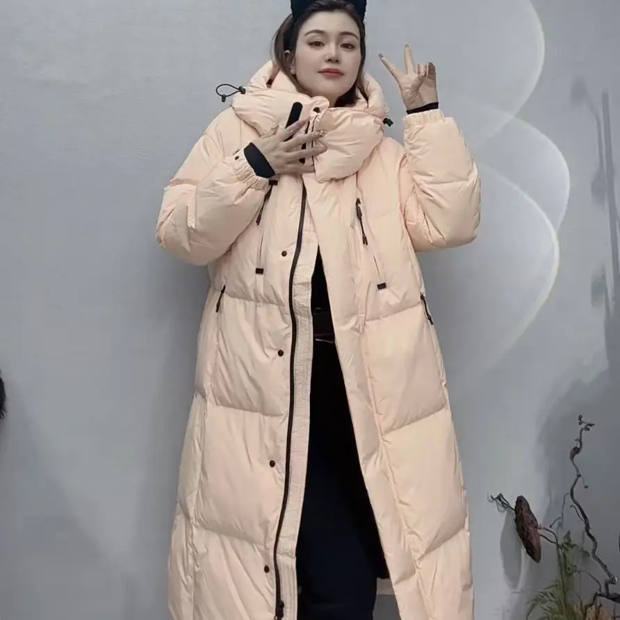 白鸭绒连帽拼接长款过膝羽绒服保暖外套韩版休闲百搭加厚