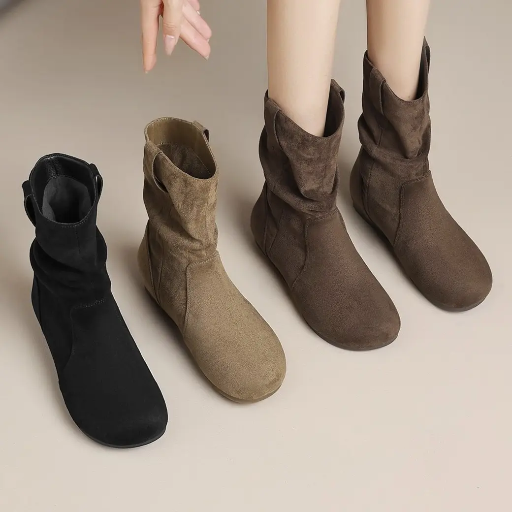女鞋加绒勃肯小短靴秋冬精致洋气百搭平底堆堆靴子女复古风褶皱