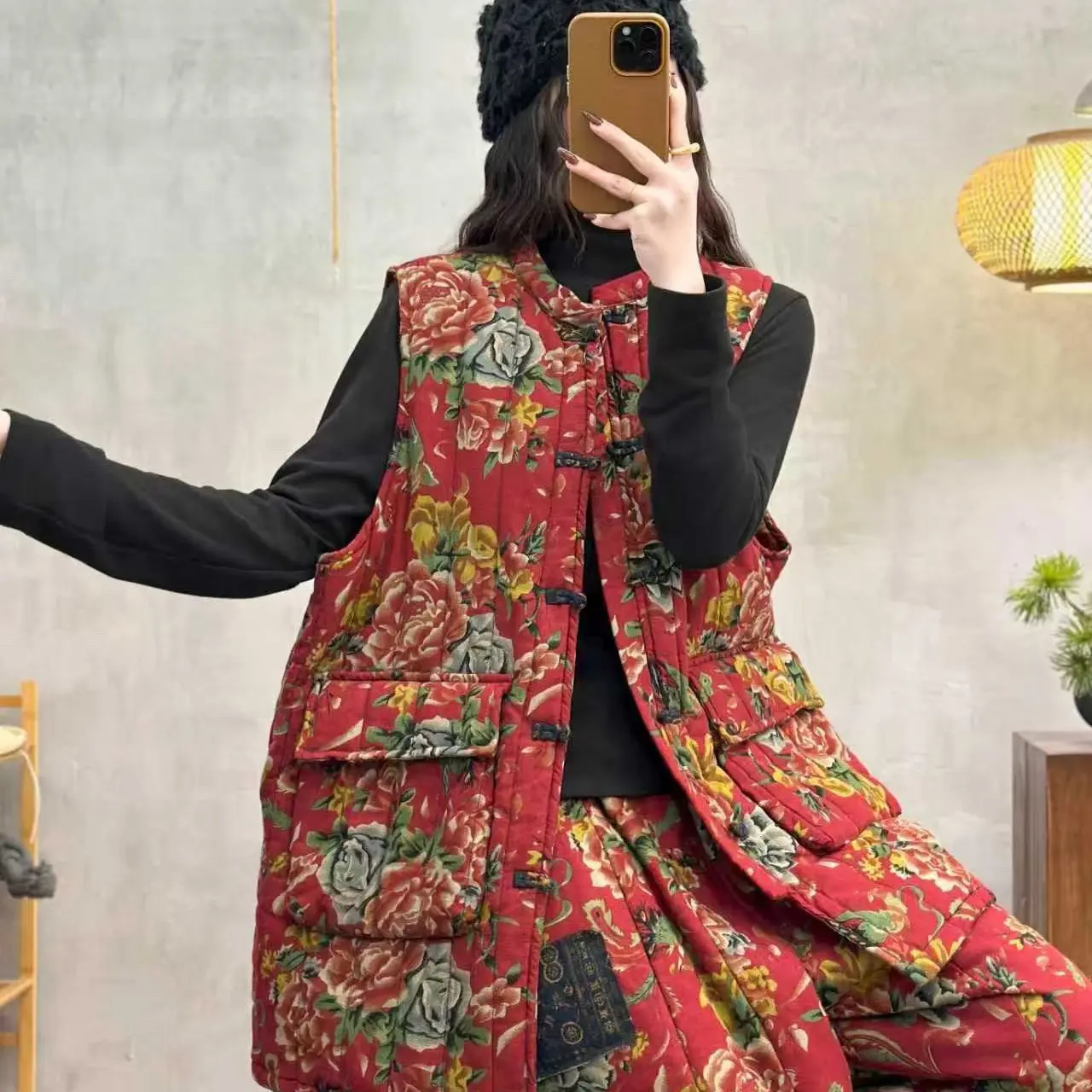 MF-秋冬盘扣民族风长款棉马夹休闲百搭时尚宽松减龄潮流中国风