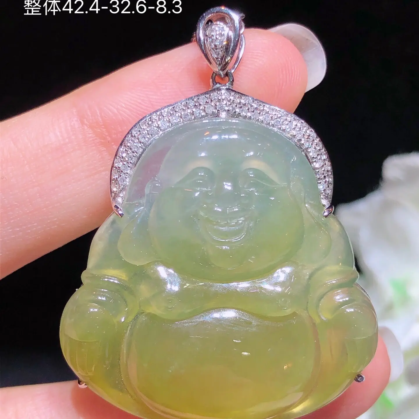 天然缅料A货翡翠冰黄翡佛公吊坠18K金镶钻