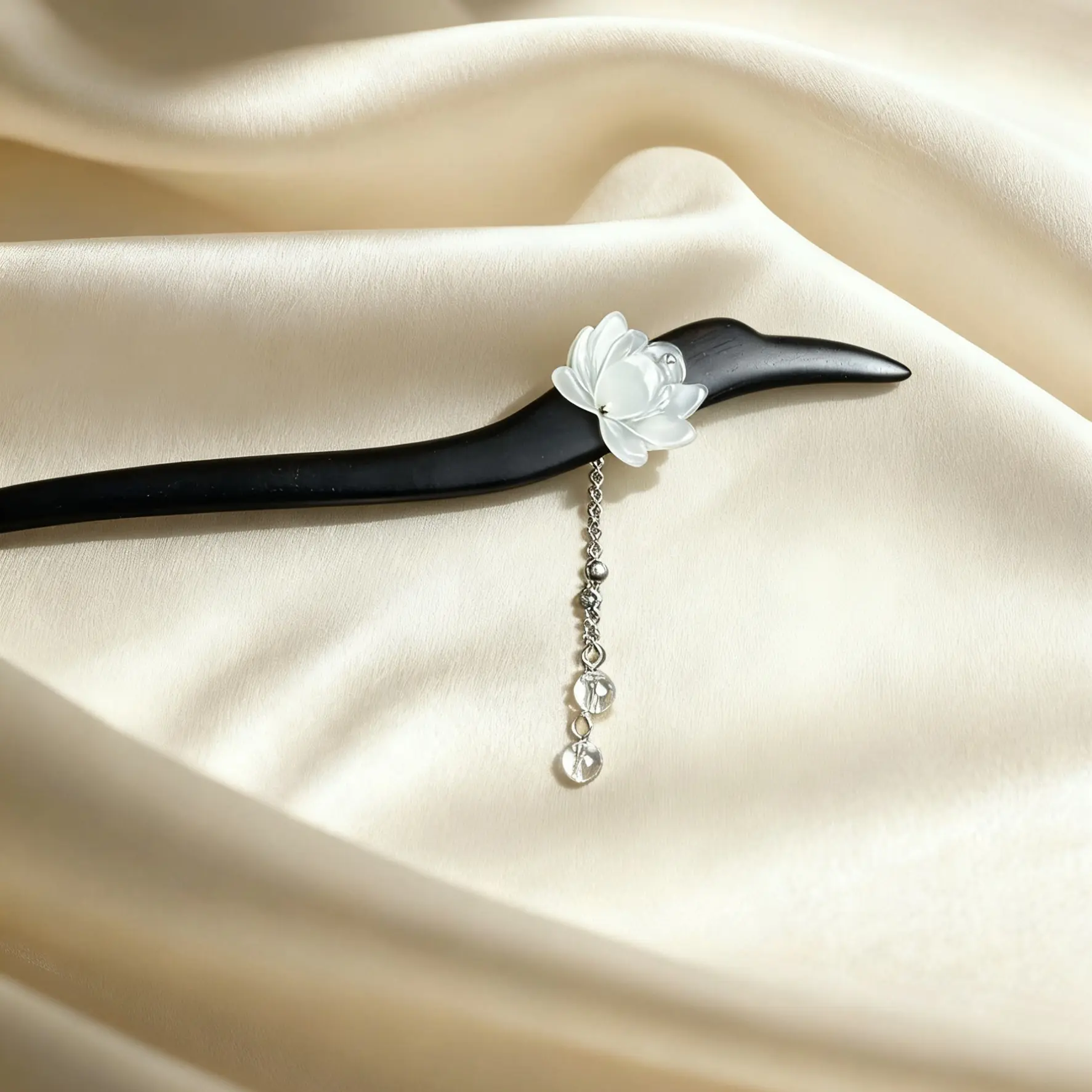 原创手工新中式黑檀木双面莲花白流苏发簪国风旗袍盘发百搭发饰